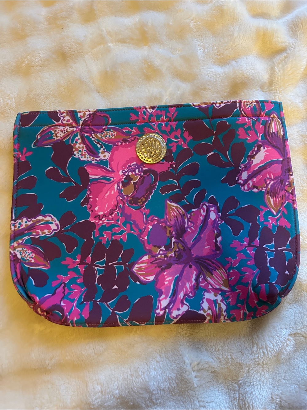Lilly Pulitzer Teal Floral Quilted Wristlet with Pink and Purple Blooms